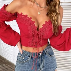Off the Shoulder long sleeve Lace Up Front Schiffy Eyelet Crop Top boho red